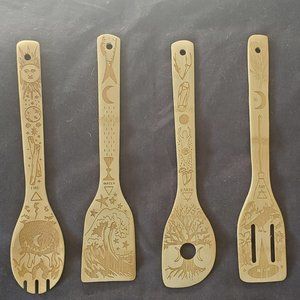 4pcs/set, Witchy Wooden Cooking Utensils